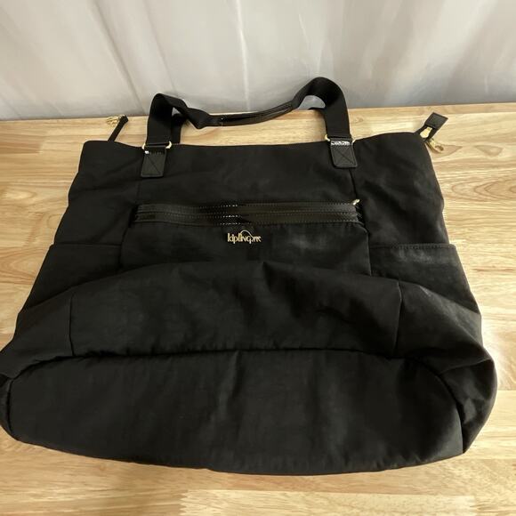 Kipling Black Nylon Tote Bag Gold Logo Patent Trim Large Shoulder Travel Work - Picture 3 of 14